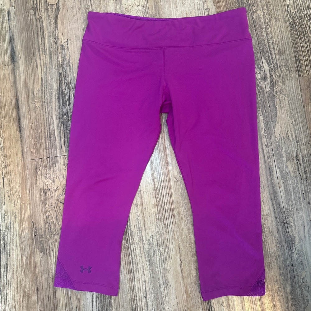Under Armour HeatGear Purple Capri Leggings Lace Mesh Inset Womens Medium